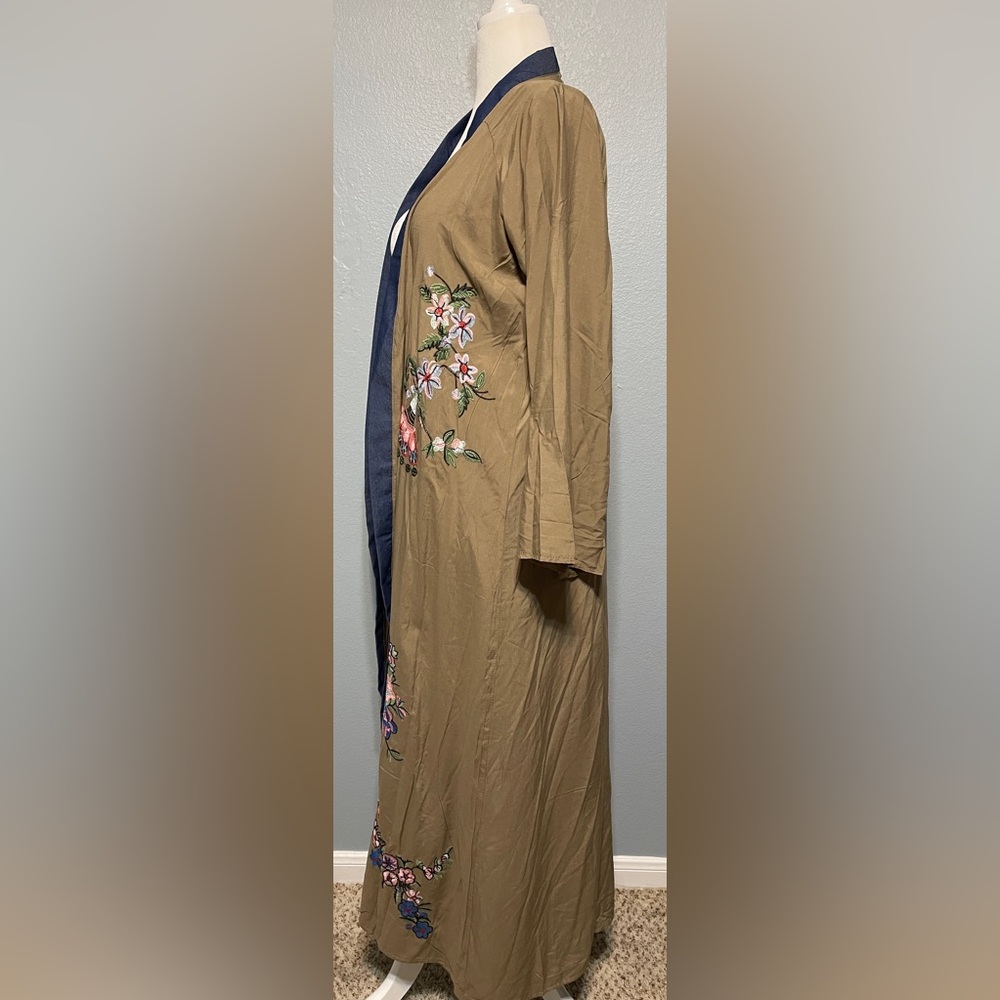 Khaki Floral Embroidered Long Kimono Duster Robe Festival Boho Lagenlook OS - Picture 7 of 9